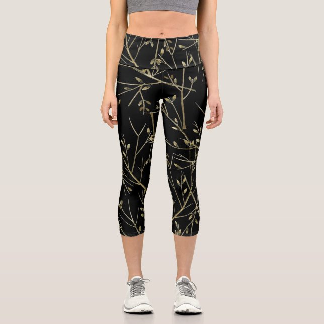 Leggings Capri Brindilles d'or en noir (Recto)