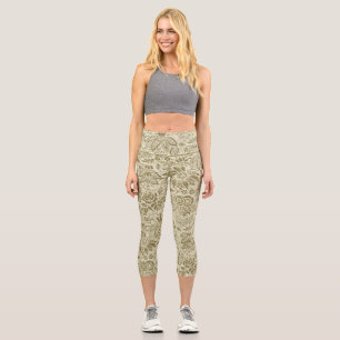 Leggings Capri Brocade Botanique Toile Florale Motif Vert Sauge