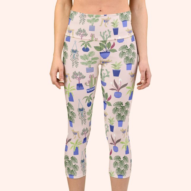 Leggings Capri Cactus Succulent rose pâle (Cactus, houseplant and succulent pattern capri yoga leggings)