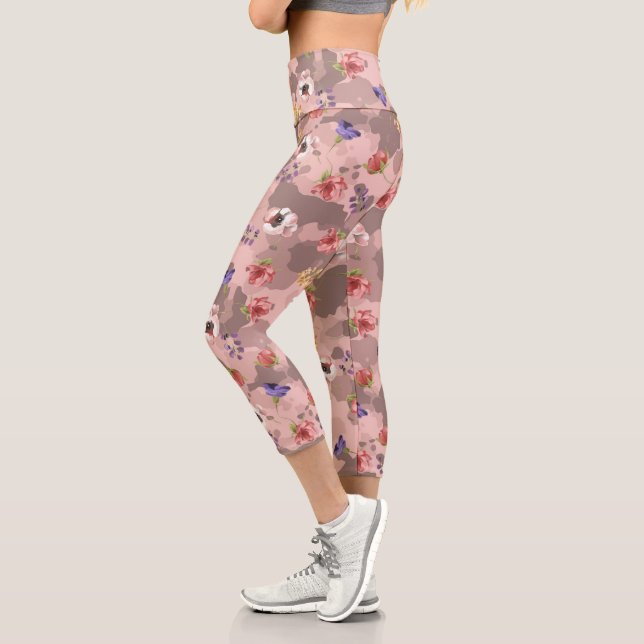 Leggings Capri Camouflage de l'armée de fleurs rose rose (Gauche)