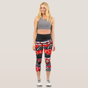 Leggings Capri Capri multi-Motif rouge et noir haut taille