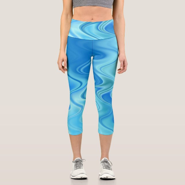 Leggings Capri Capris bleus ondulés abstraits à taille haute (Recto)
