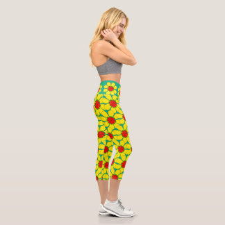 Leggings Capri Capris - Fleurs Jaunes sur Vert
