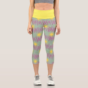 Leggings Capri Capris Jaune et Vert avec Étoiles & Fils