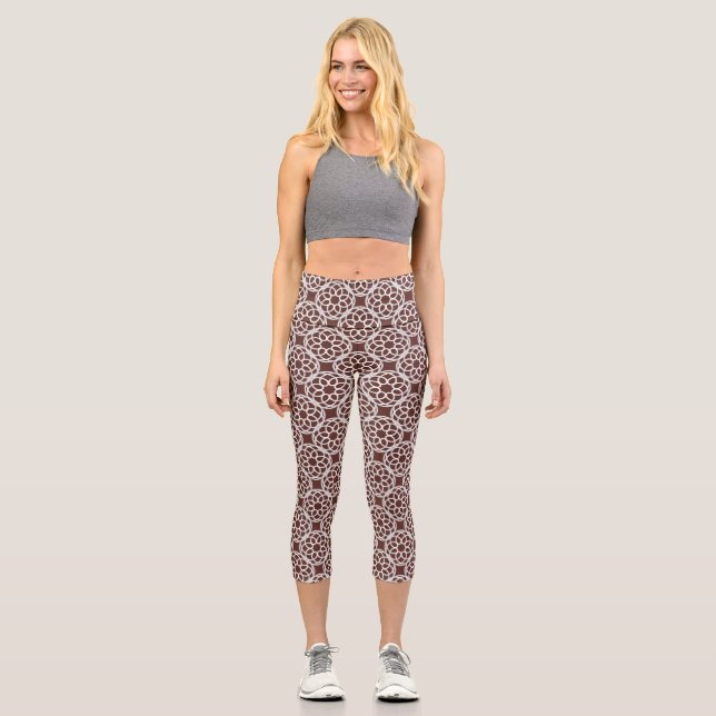 Leggings Capri Capris taille haute marron blanc géométriques sans (Recto)