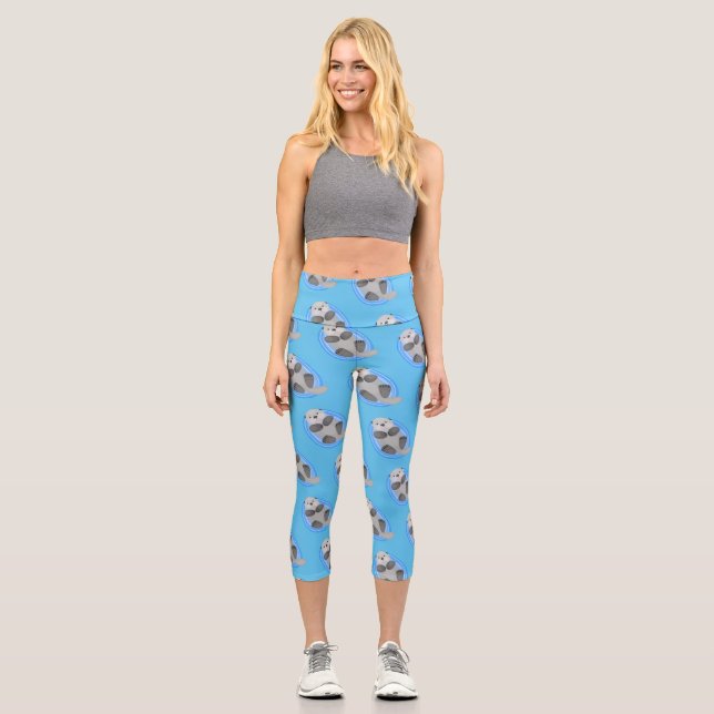 Leggings Capri Caricature bleu loutre de mer joyeux (Recto)