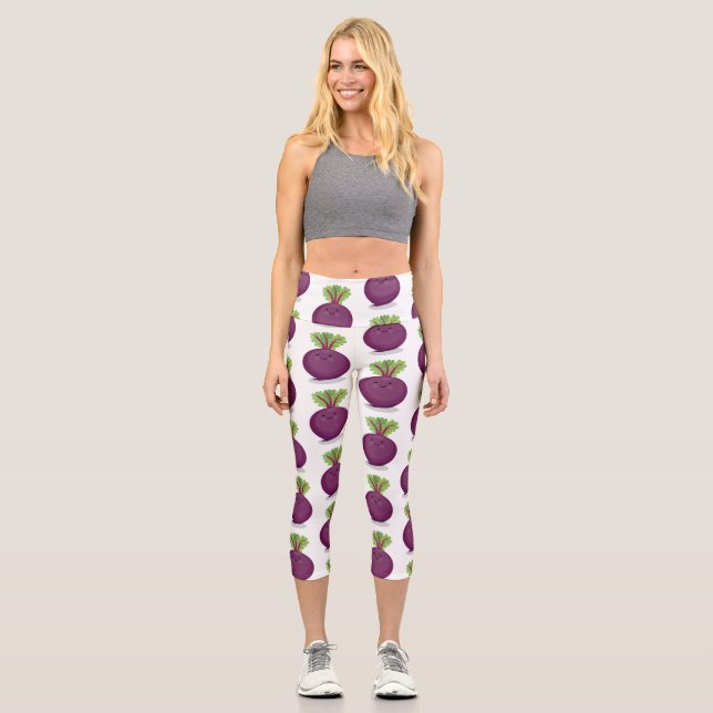 Leggings Capri Caricature de betterave mignonne et violette (Recto)