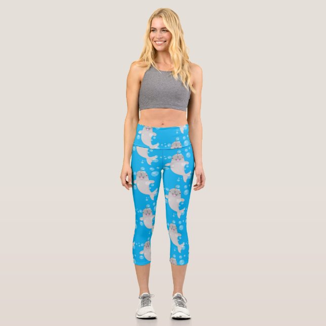 Leggings Capri Caricature de bulles de narval joyeux (Recto)