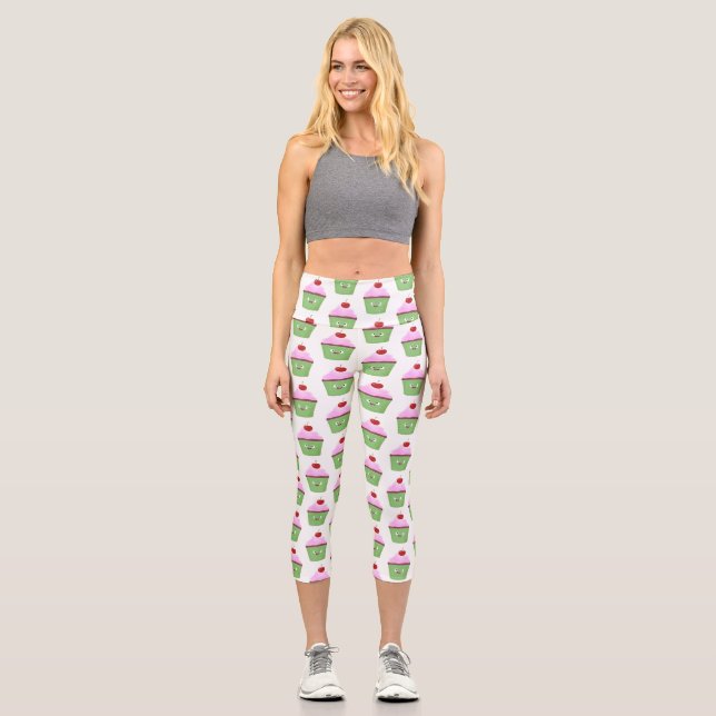 Leggings Capri Caricature de cupcake joyeux (Recto)