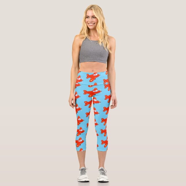 Leggings Capri Caricature de vol d'avion rouge mignon (Recto)