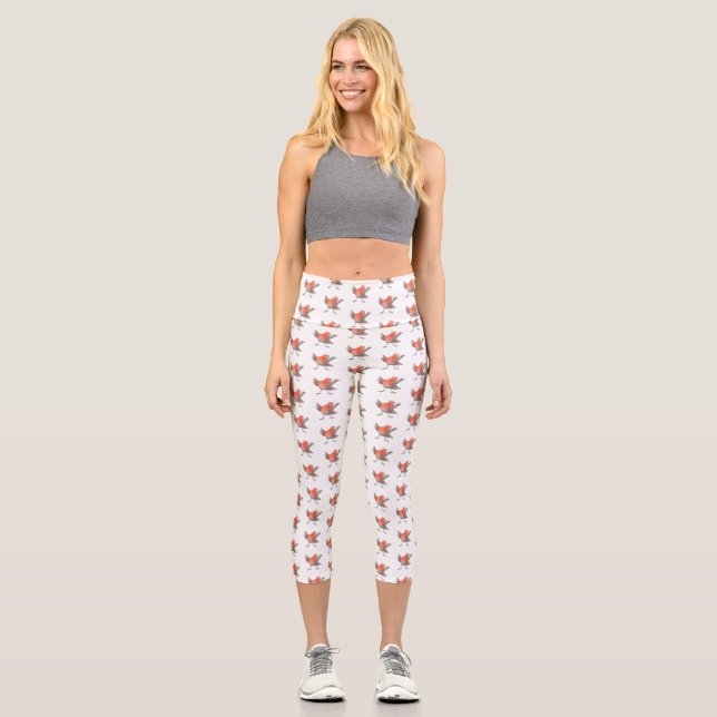 Leggings Capri Caricature d'oiseau rouge chantant mignon (Recto)