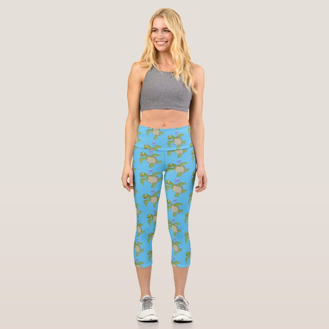 Leggings Capri Caricature joyeuse de tortue de mer verte mignonne (Recto)