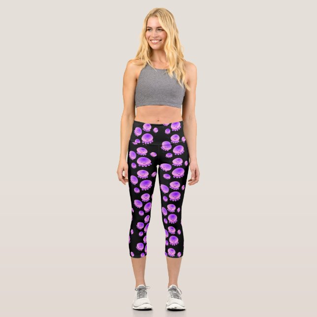 Leggings Capri Caricature kawaii de méduse violette rose mou (Recto)