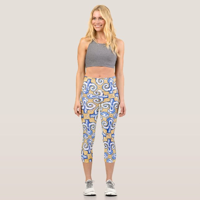 Leggings Capri Carreaux espagnols - Azulejo Bleu, Jaune et Blanc (Recto)