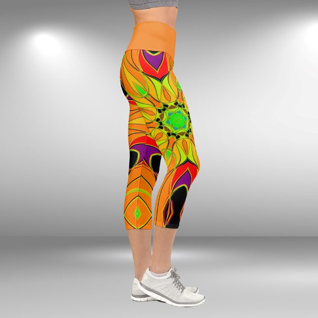 Leggings Capri Carton Mandala Fleur orange vert et rouge (Créateur téléchargé)