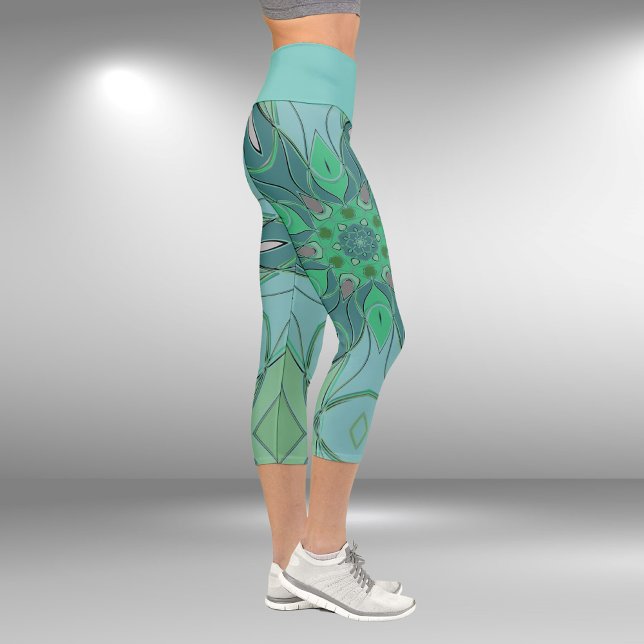 Leggings Capri Carton Mandala Flower bleu et vert (Créateur téléchargé)