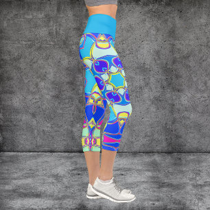 Leggings Capri Carton Mandala Flower bleu jaune et rose