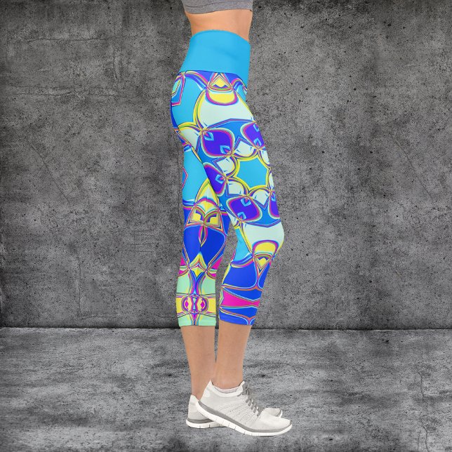 Leggings Capri Carton Mandala Flower bleu jaune et rose (Créateur téléchargé)