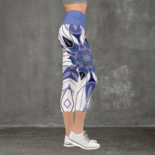 Leggings Capri Carton Mandala Flower bleu violet et blanc