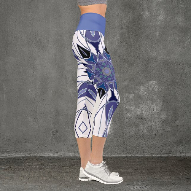 Leggings Capri Carton Mandala Flower bleu violet et blanc (Créateur téléchargé)