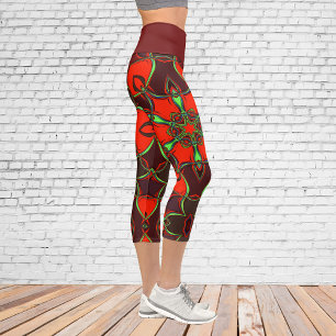 Leggings Capri Carton Mandala Flower rouge et Turquoise