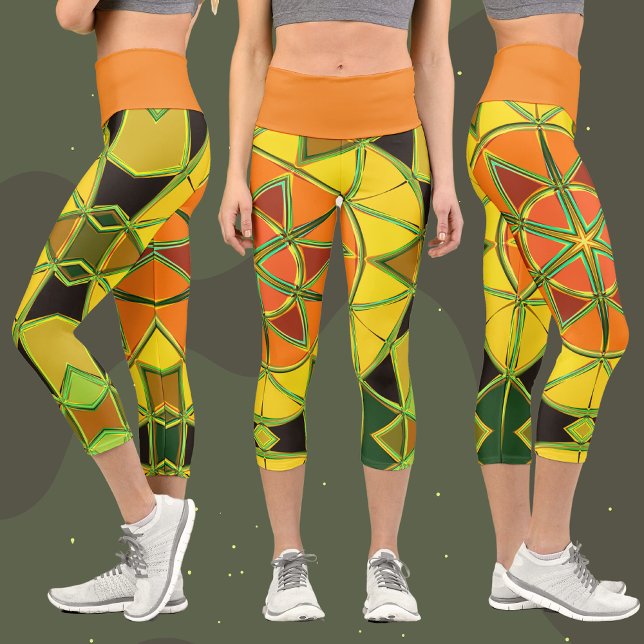 Leggings Capri Carton Mandala jaune orange et vert (Créateur téléchargé)