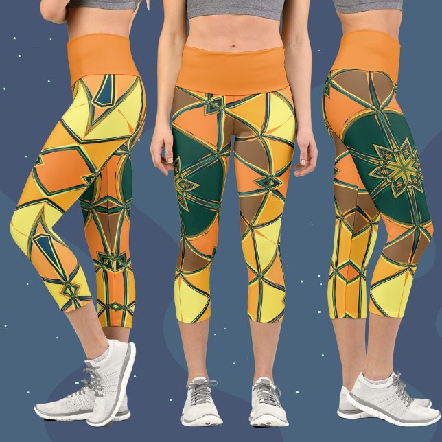 Leggings Capri Carton Mandala jaune orange et vert (Créateur téléchargé)