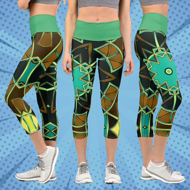 Leggings Capri Carton Mandala Vert noir et jaune (Créateur téléchargé)
