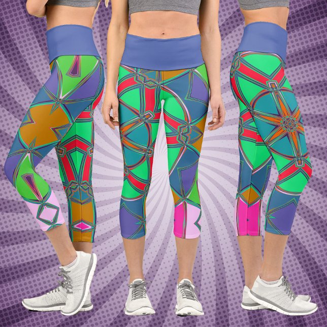Leggings Capri Carton Mandala Vert Rouge et Bleu (Créateur téléchargé)