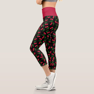 Leggings Capri Cerises à l'aquarelle noires et rouges mignonnes