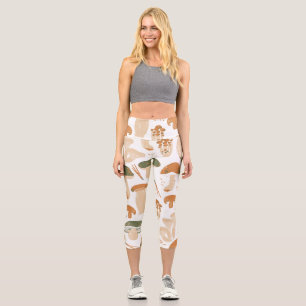 Leggings Capri Champignons comestibles Linocut Motif Vintage