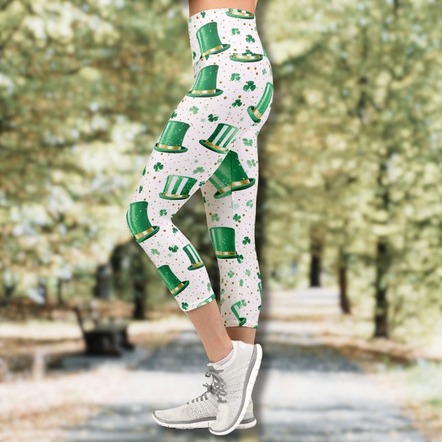 Leggings Capri Chapeaux et trèfles blancs en or vert de luxe (Créateur téléchargé)