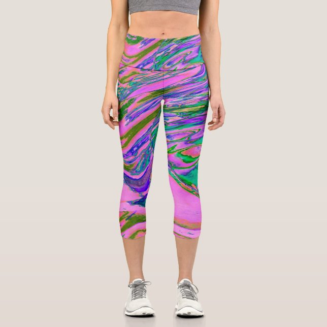 Leggings Capri Charteuse Abstrait Cool et Rose Chaud Groovy Rétro (Recto)