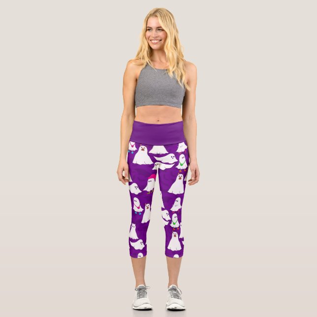 Leggings Capri chatte de chien fantôme de halloween violet (Recto)