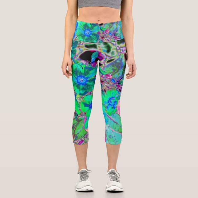 Leggings Capri Chaux psychédélique Trippy Lime Vert et Bleu Fleur (Recto)