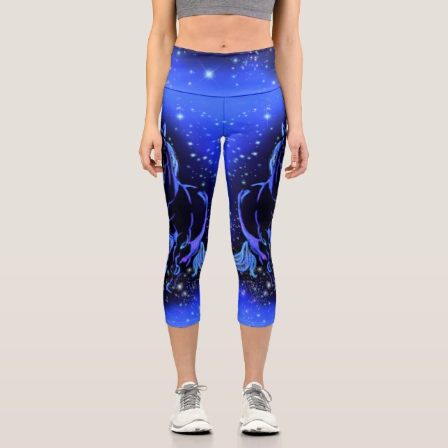 Leggings Capri Cheval Bleu Néon Couchant Au Lune Starry Night (Recto)