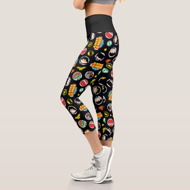 Leggings Capri Chibi Justice League Heroes and Logos Pattern (Gauche)
