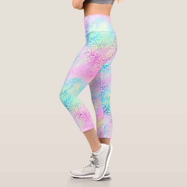 Leggings Capri Chic Girly Rainbow Shimmer Empreinte de léopard (Gauche)