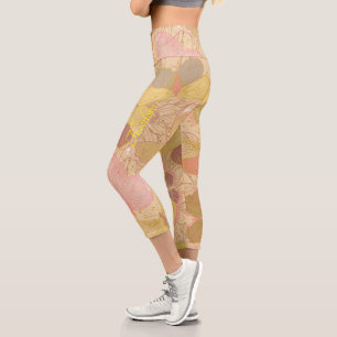 Leggings Capri Chic Gold Leaf and Butterfly Pink Background