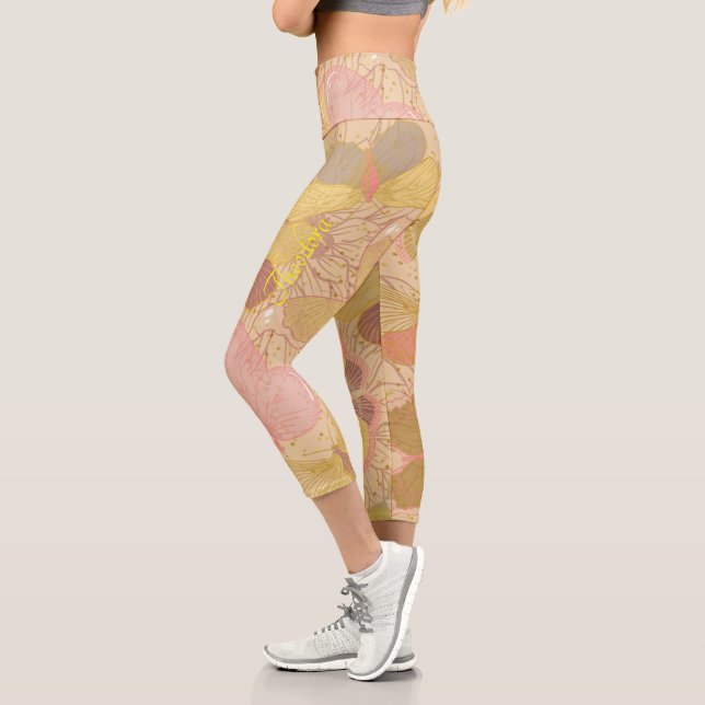 Leggings Capri Chic Gold Leaf and Butterfly Pink Background (Gauche)