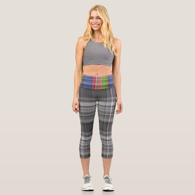Leggings Capri Chic noir blanc gris bleu rose vert Tartan Plaid (Recto)