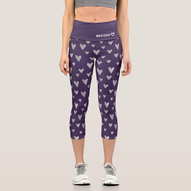 Leggings Capri Chic Purple Silver Heart Motif Nom personnalisé (Recto)