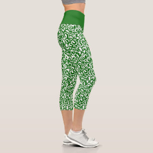 Leggings Capri Chic Vert foncé blanc Damas Floral Art Motif