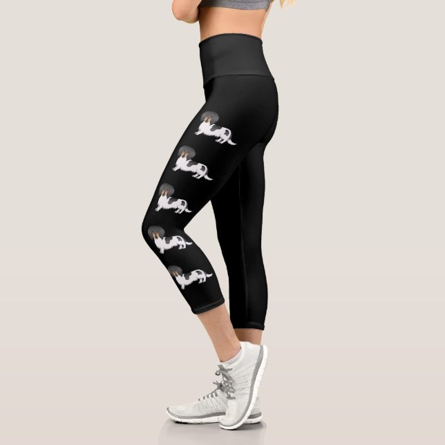 Leggings Capri Chiens teckel à poil long piebalds noir et feu (Gauche)