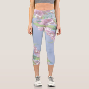 Leggings Capri Ciel bleu Vert Plante Feuilles Fleurs violettes
