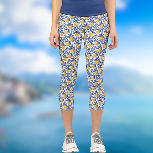 Leggings Capri Citrons Jaunes Bleu Méditerranéen Côte Amalfitaine