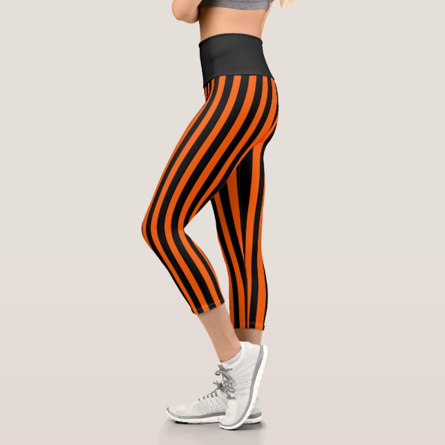 Leggings Capri Citrouille d'Halloween orange et rayure noire (Gauche)