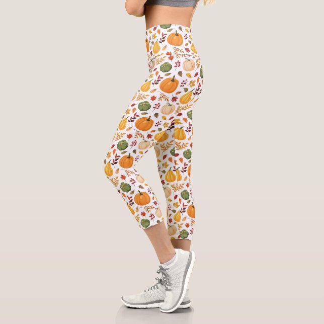 Leggings Capri Citrouilles de récolte et Motif de feuilles d'auto (Gauche)