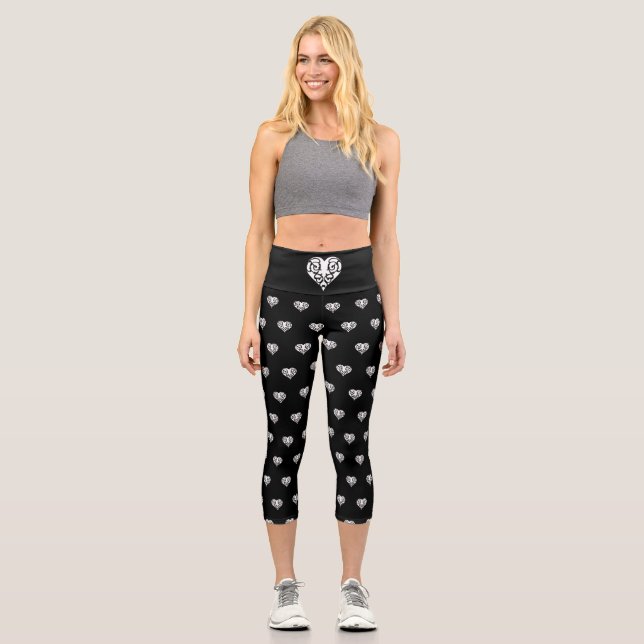 Leggings Capri Coeur noir et blanc en fibre (Recto)