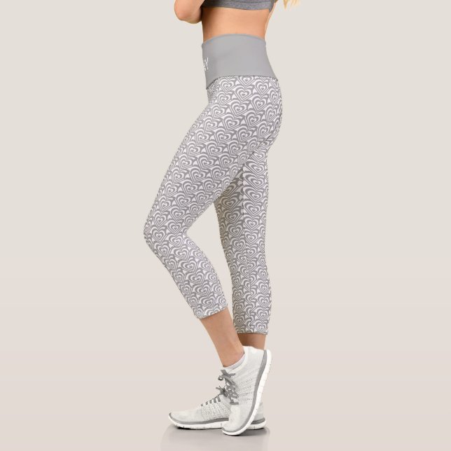 Leggings Capri Cœurs concentriques abstraits argent gris et blanc (Gauche)